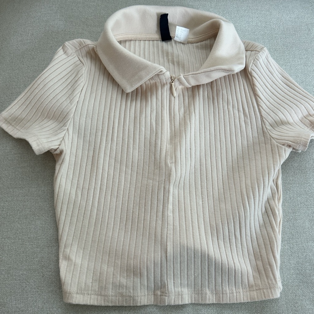 Divided Cream Cropped Ribbed Polo